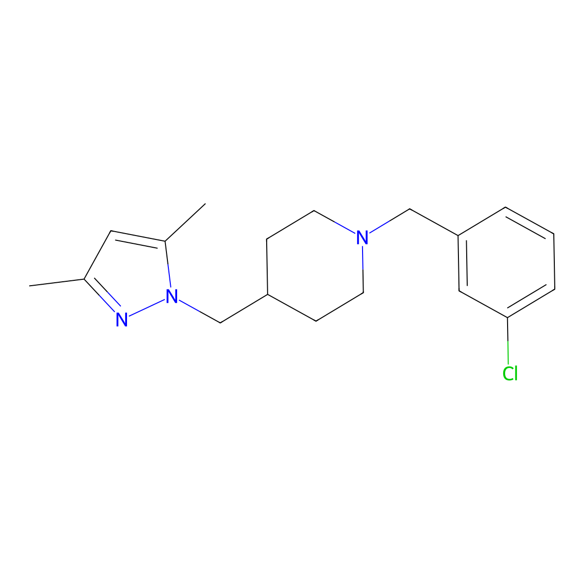1-(3-chlorobenzyl)-4-((3,5-dimethyl-1H-pyrazol-1-yl)methyl)piperidine molecular structure, CAS 1396578-34-9