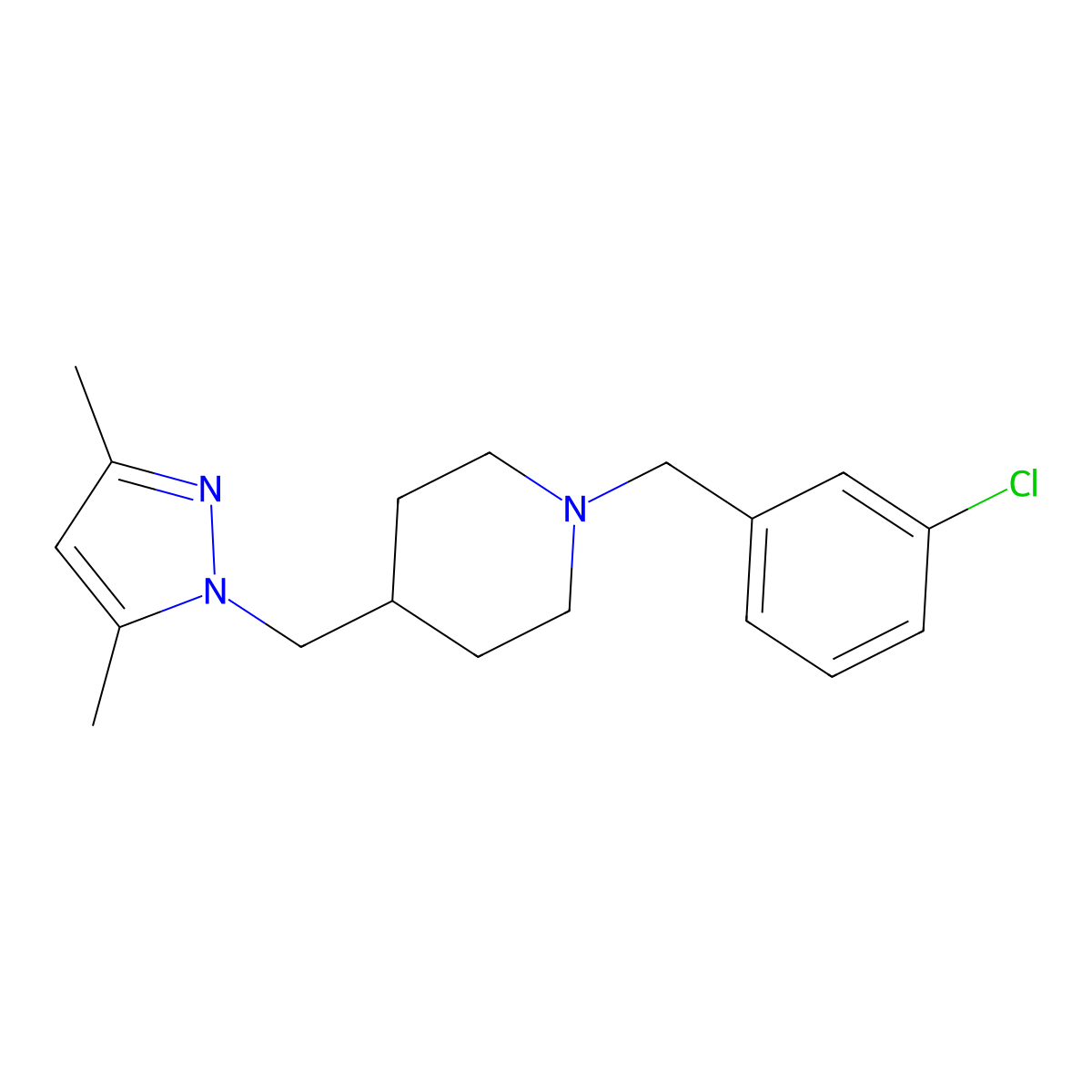 1-(3-chlorobenzyl)-4-((3,5-dimethyl-1H-pyrazol-1-yl)methyl)piperidine molecular structure, CAS 1396578-34-9