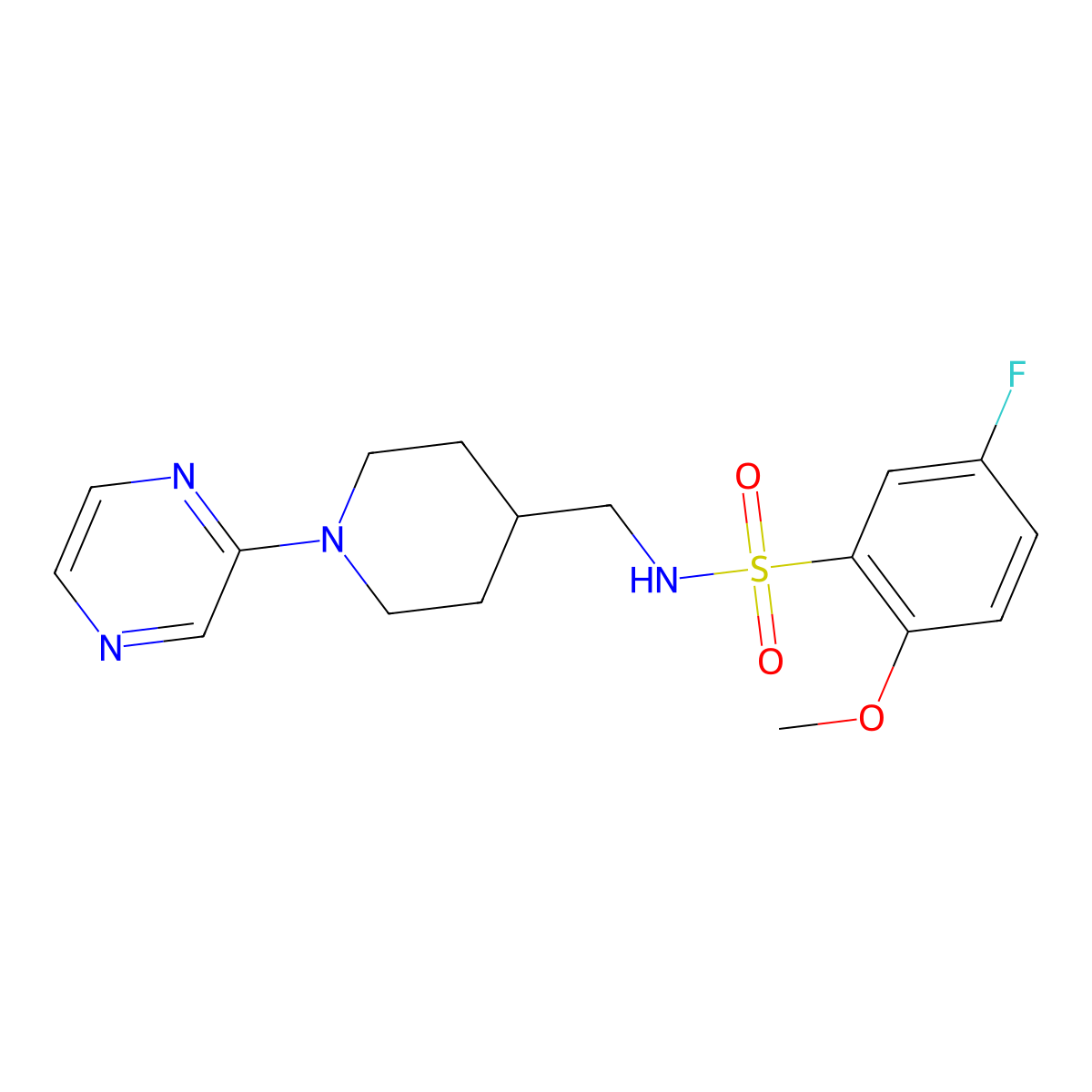 5-fluoro-2-methoxy-N-((1-(pyrazin-2-yl)piperidin-4-yl)methyl)benzenesulfonamide molecular structure, CAS 1396578-60-1