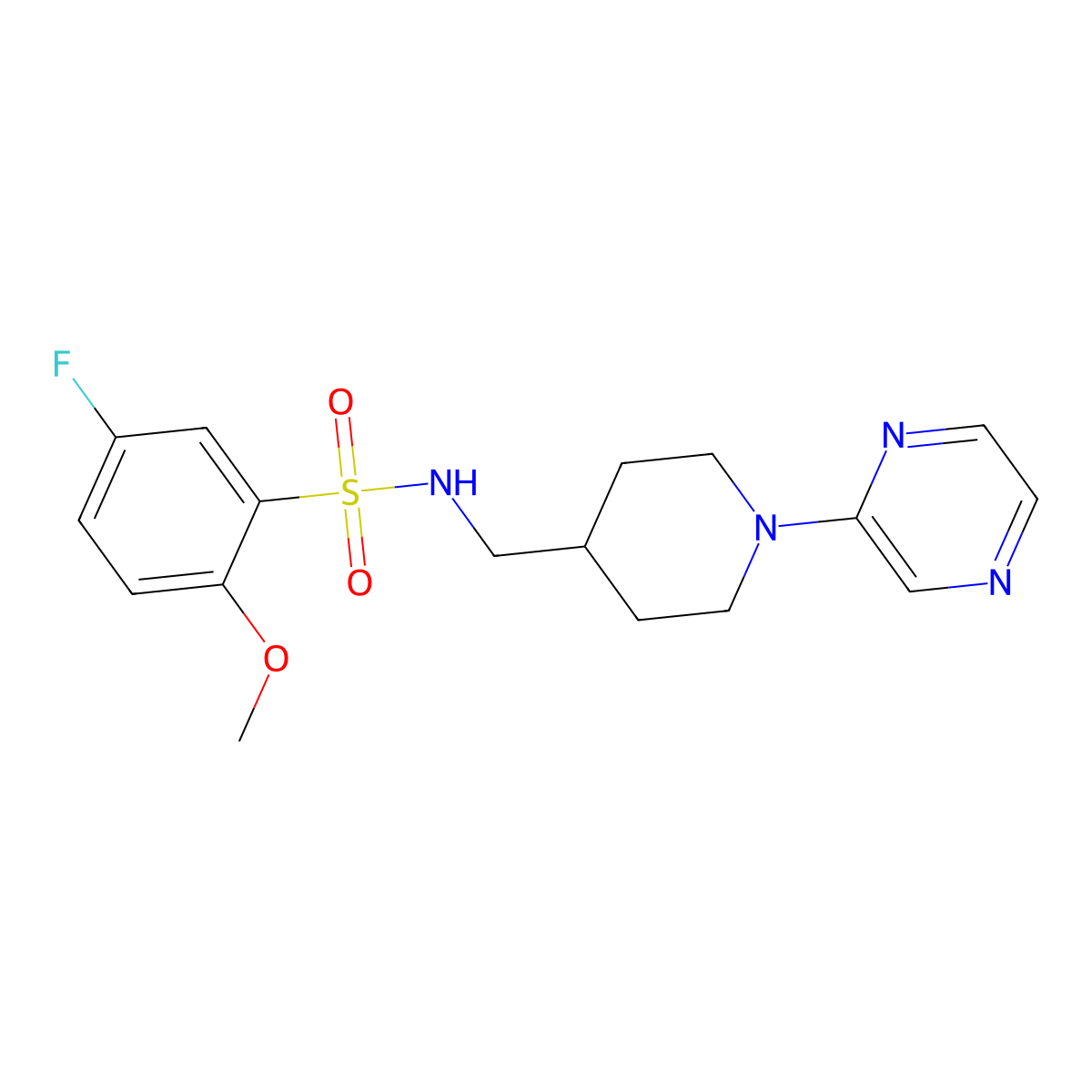5-fluoro-2-methoxy-N-((1-(pyrazin-2-yl)piperidin-4-yl)methyl)benzenesulfonamide molecular structure, CAS 1396578-60-1