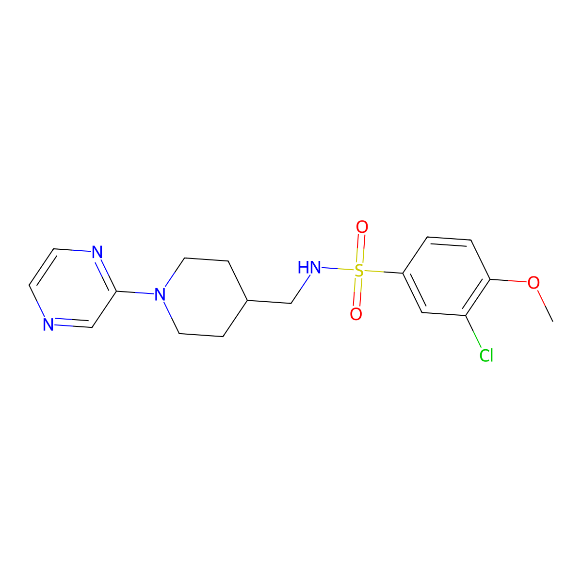 3-chloro-4-methoxy-N-((1-(pyrazin-2-yl)piperidin-4-yl)methyl)benzenesulfonamide molecular structure, CAS 1396579-37-5