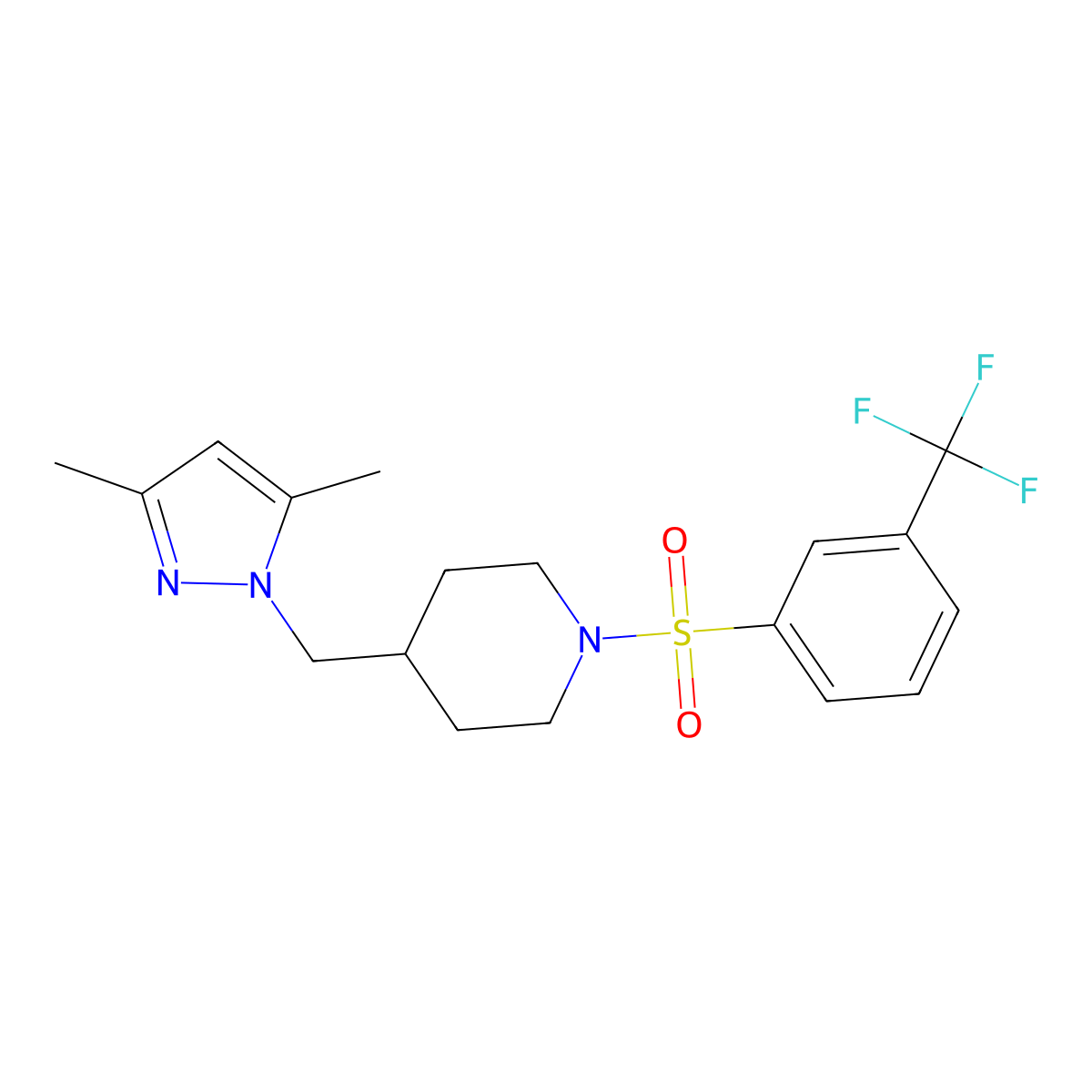 4-((3,5-dimethyl-1H-pyrazol-1-yl)methyl)-1-((3-(trifluoromethyl)phenyl)sulfonyl)piperidine molecular structure, CAS 1396579-68-2