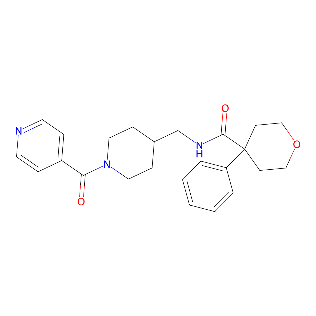 N-((1-isonicotinoylpiperidin-4-yl)methyl)-4-phenyltetrahydro-2H-pyran-4-carboxamide molecular structure, CAS 1396580-65-6