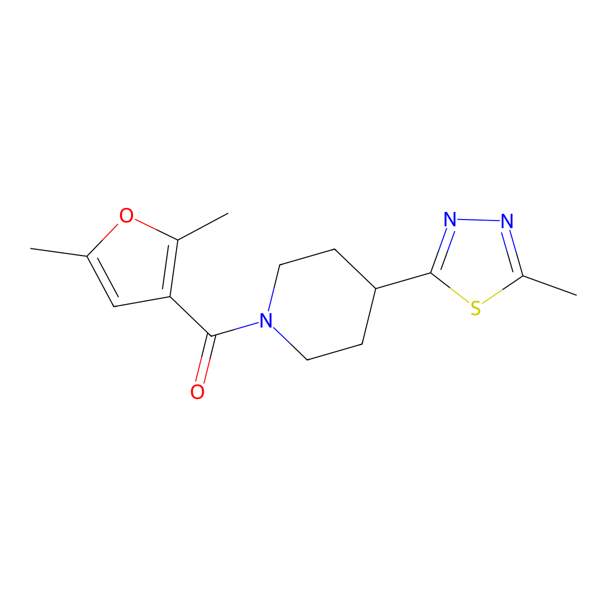 (2,5-Dimethylfuran-3-yl)(4-(5-methyl-1,3,4-thiadiazol-2-yl)piperidin-1-yl)methanone molecular structure, CAS 1396582-41-4