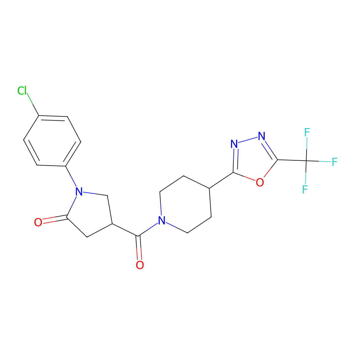 1-(4-Chlorophenyl)-4-(4-(5-(trifluoromethyl)-1,3,4-oxadiazol-2-yl)piperidine-1-carbonyl)pyrrolidin-2-one molecular structure, CAS 1396583-03-1