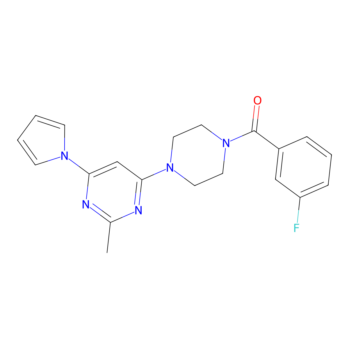 (3-fluorophenyl)(4-(2-methyl-6-(1H-pyrrol-1-yl)pyrimidin-4-yl)piperazin-1-yl)methanone molecular structure, CAS 1396583-41-7