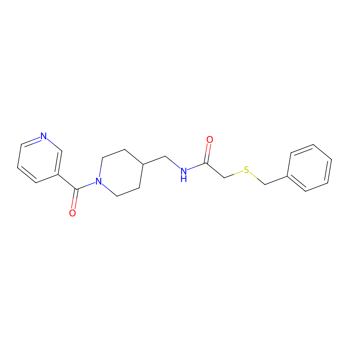 2-(benzylthio)-N-((1-nicotinoylpiperidin-4-yl)methyl)acetamide molecular structure, CAS 1396583-45-1