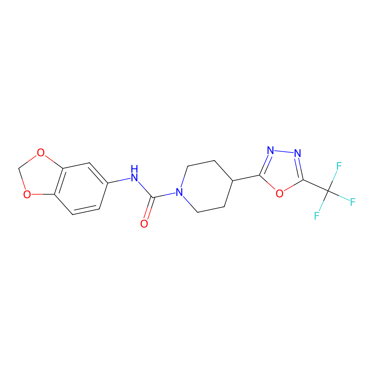 N-(benzo[d][1,3]dioxol-5-yl)-4-(5-(trifluoromethyl)-1,3,4-oxadiazol-2-yl)piperidine-1-carboxamide molecular structure, CAS 1396583-54-2