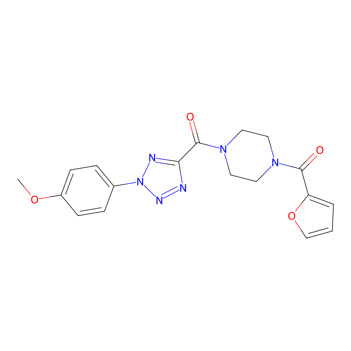 (4-(furan-2-carbonyl)piperazin-1-yl)(2-(4-methoxyphenyl)-2H-tetrazol-5-yl)methanone molecular structure, CAS 1396583-90-6