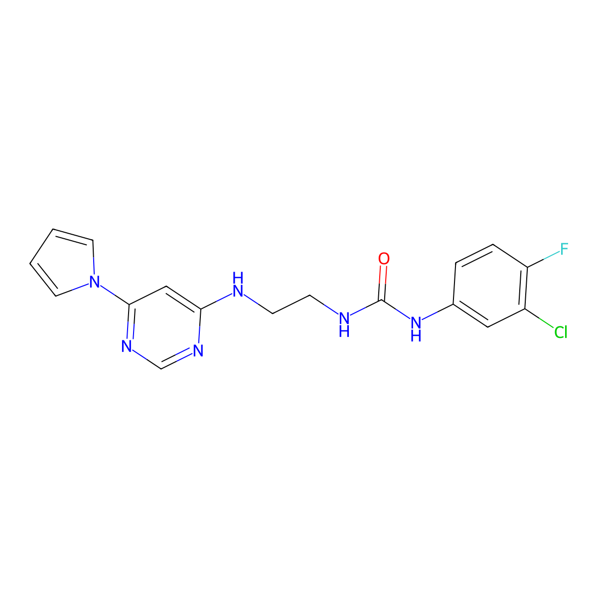 1-(2-((6-(1H-pyrrol-1-yl)pyrimidin-4-yl)amino)ethyl)-3-(3-chloro-4-fluorophenyl)urea molecular structure, CAS 1396583-99-5