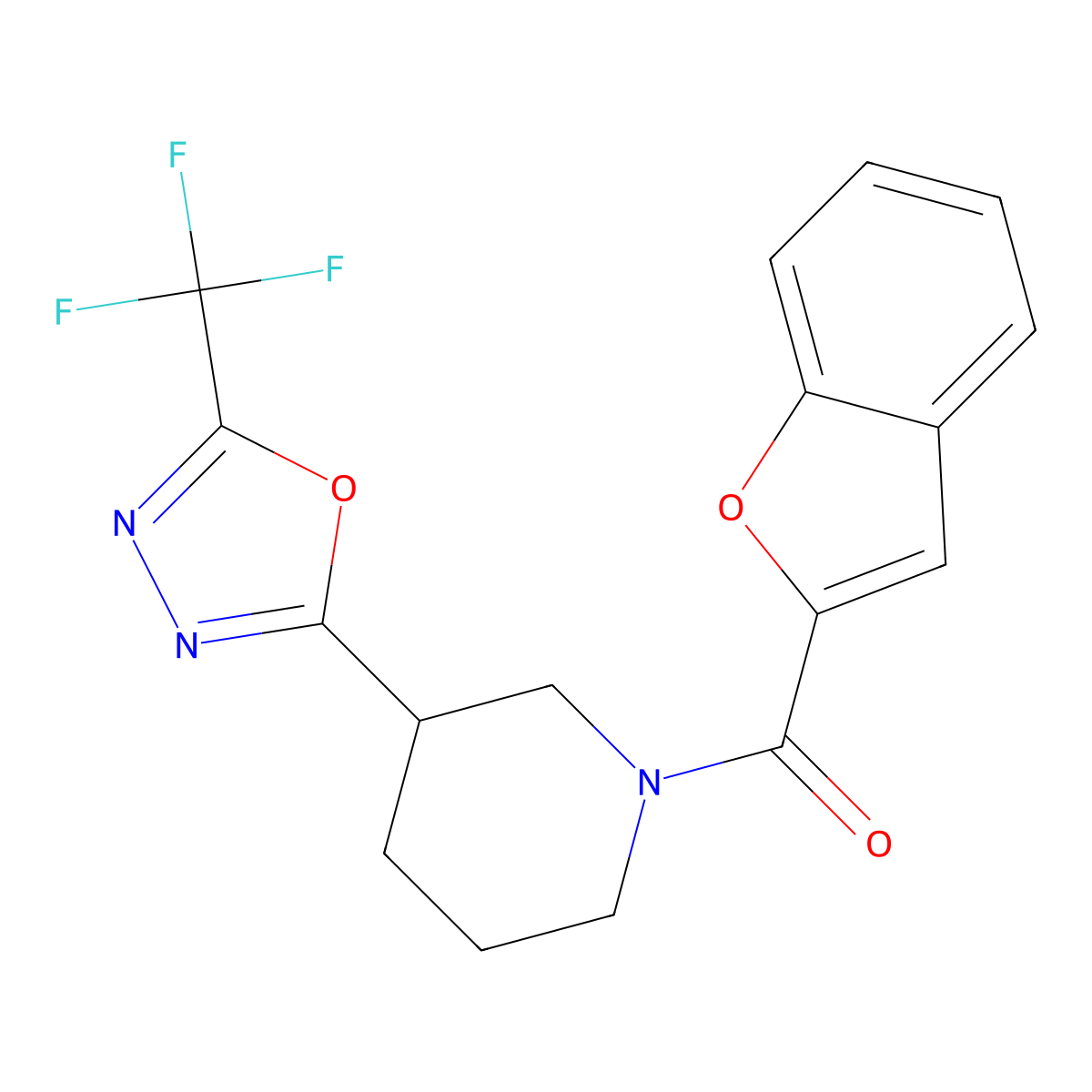 Benzofuran-2-yl(3-(5-(trifluoromethyl)-1,3,4-oxadiazol-2-yl)piperidin-1-yl)methanone molecular structure, CAS 1396584-04-5