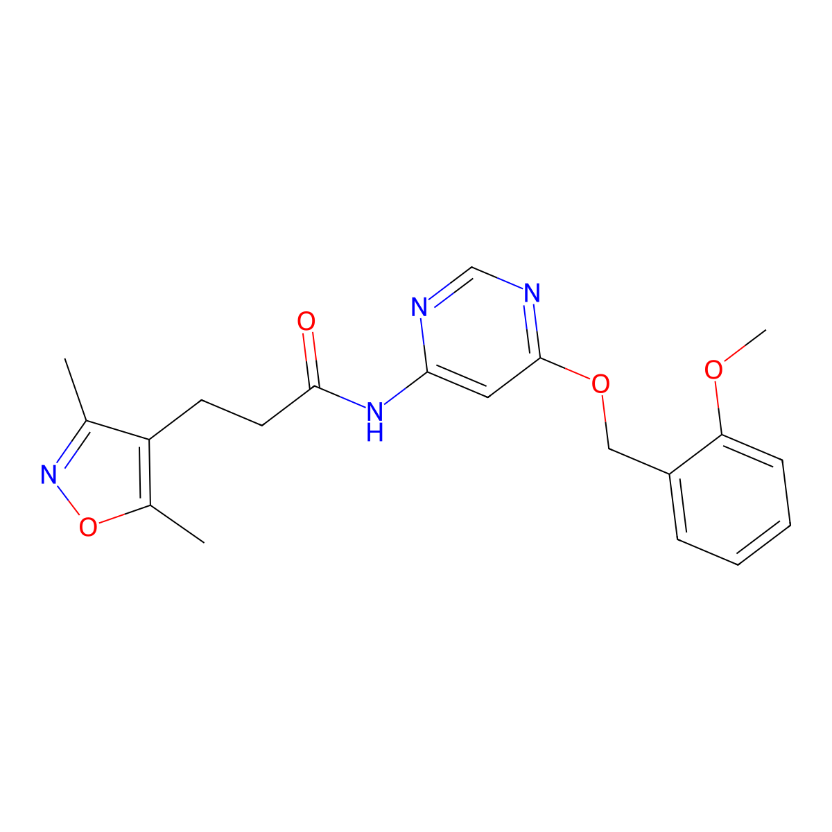 3-(3,5-dimethylisoxazol-4-yl)-N-(6-((2-methoxybenzyl)oxy)pyrimidin-4-yl)propanamide molecular structure, CAS 1396584-09-0