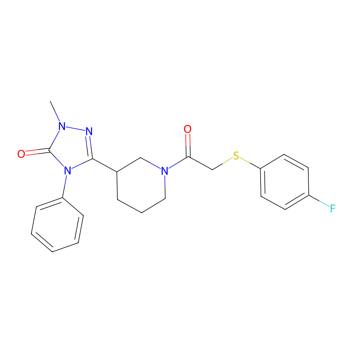3-(1-(2-((4-fluorophenyl)thio)acetyl)piperidin-3-yl)-1-methyl-4-phenyl-1H-1,2,4-triazol-5(4H)-one molecular structure, CAS 1396584-17-0
