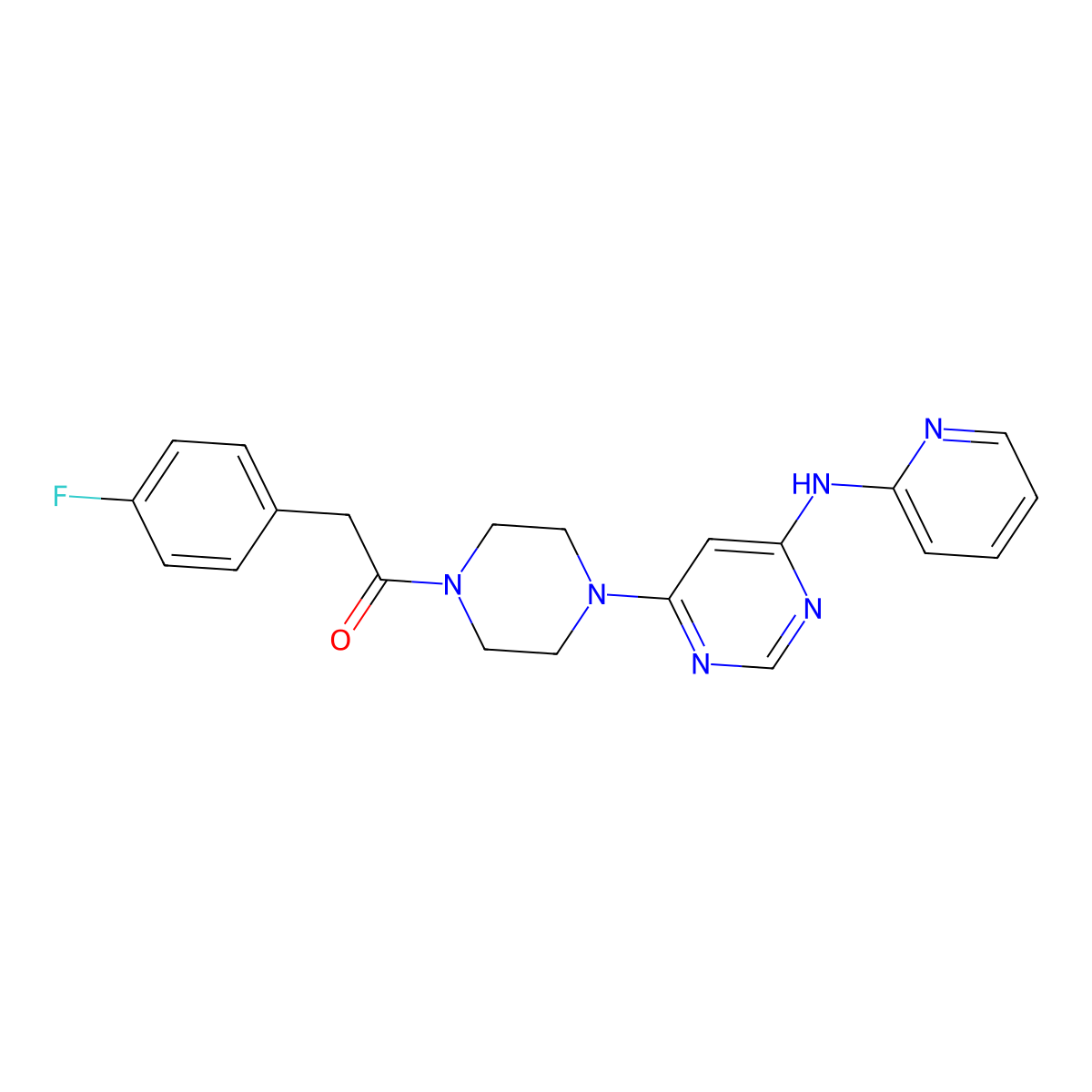 2-(4-Fluorophenyl)-1-(4-(6-(pyridin-2-ylamino)pyrimidin-4-yl)piperazin-1-yl)ethanone molecular structure, CAS 1396624-65-9