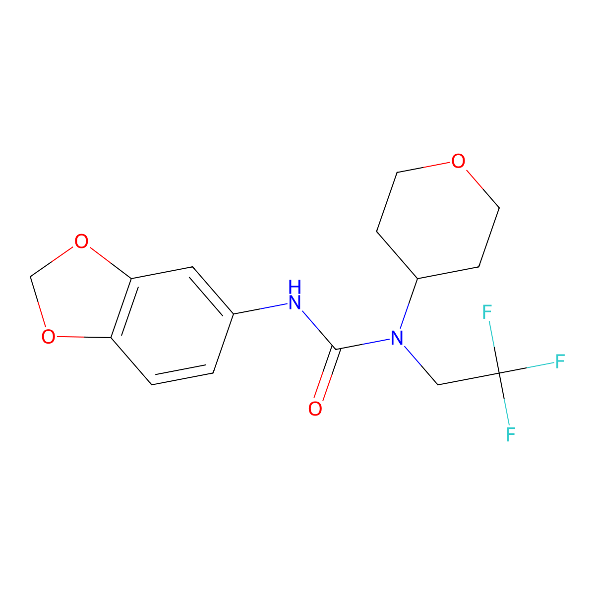 3-(benzo[d][1,3]dioxol-5-yl)-1-(tetrahydro-2H-pyran-4-yl)-1-(2,2,2-trifluoroethyl)urea molecular structure, CAS 1396624-88-6