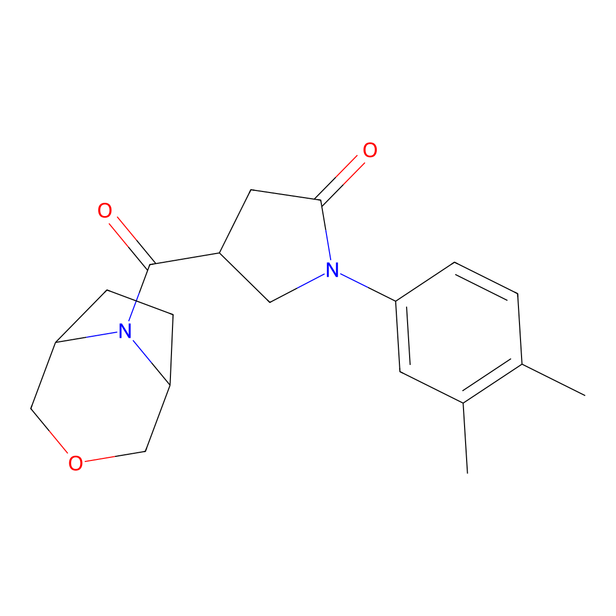 1-(3,4-Dimethylphenyl)-4-{3-oxa-8-azabicyclo[3.2.1]octane-8-carbonyl}pyrrolidin-2-one molecular structure, CAS 1396624-97-7