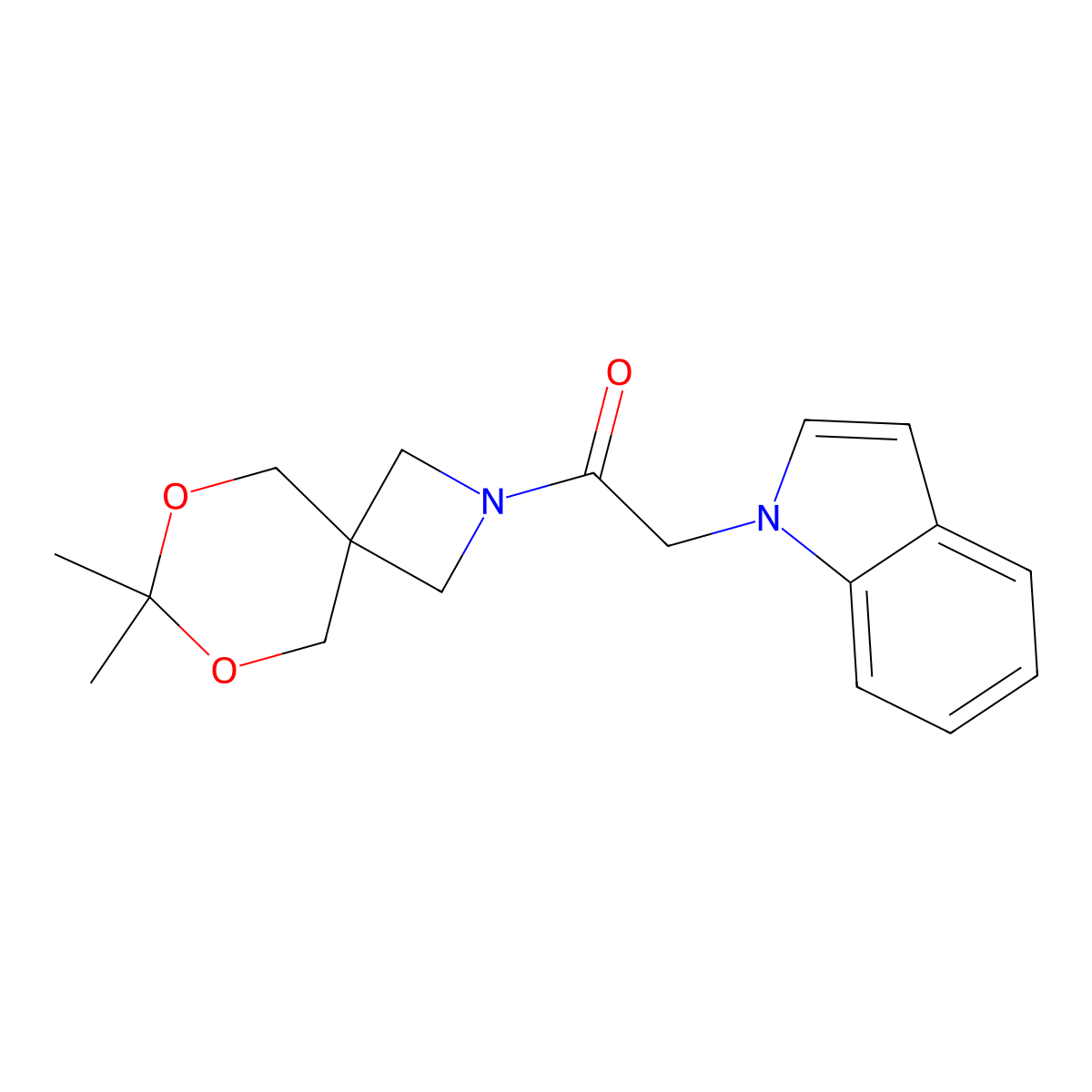 1-(7,7-dimethyl-6,8-dioxa-2-azaspiro[3.5]nonan-2-yl)-2-(1H-indol-1-yl)ethanone molecular structure, CAS 1396625-17-4