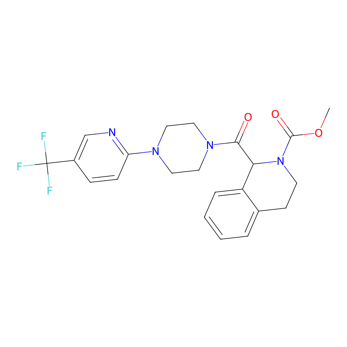 methyl 1-(4-(5-(trifluoromethyl)pyridin-2-yl)piperazine-1-carbonyl)-3,4-dihydroisoquinoline-2(1H)-carboxylate molecular structure, CAS 1396625-29-8