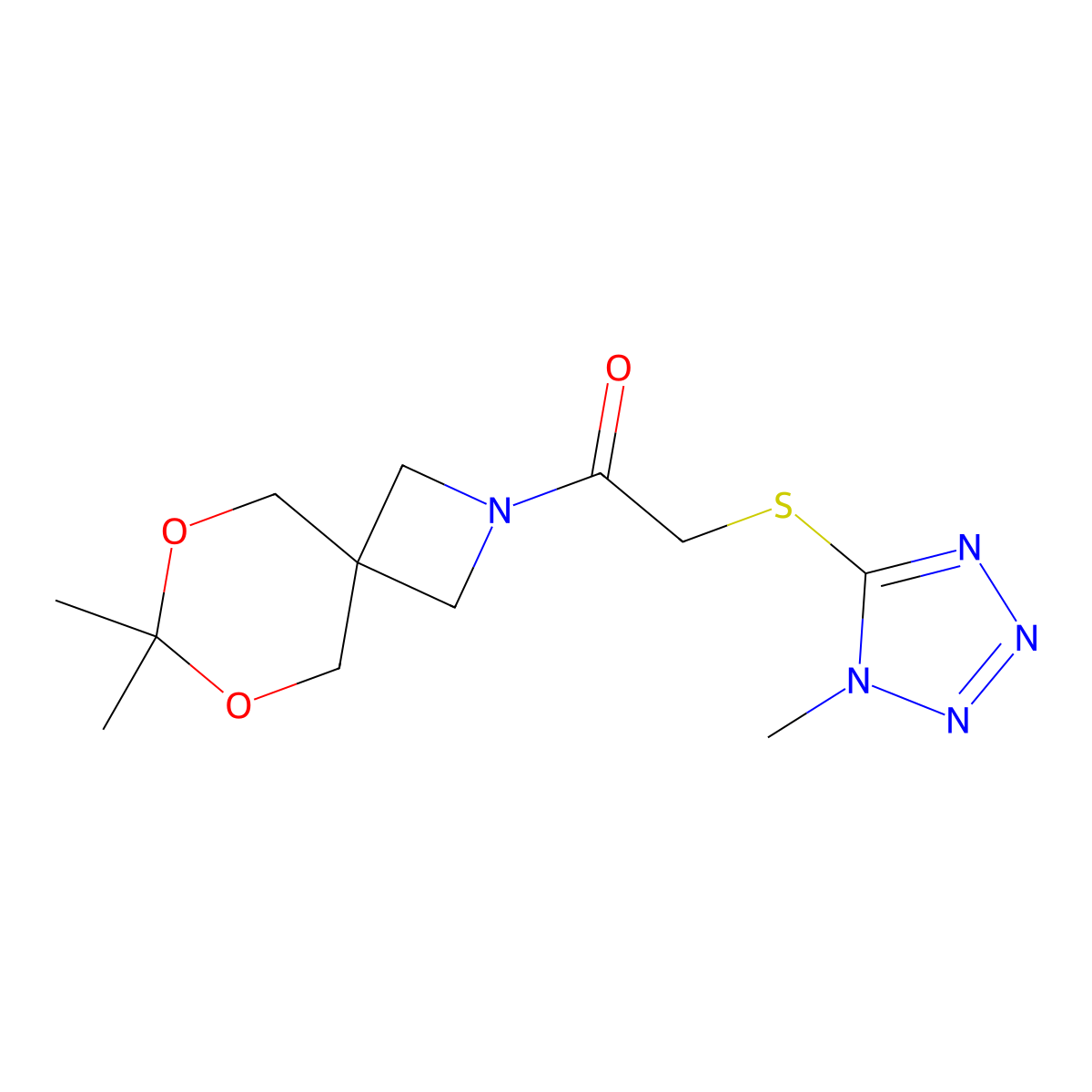1-(7,7-dimethyl-6,8-dioxa-2-azaspiro[3.5]nonan-2-yl)-2-((1-methyl-1H-tetrazol-5-yl)thio)ethanone molecular structure, CAS 1396625-30-1
