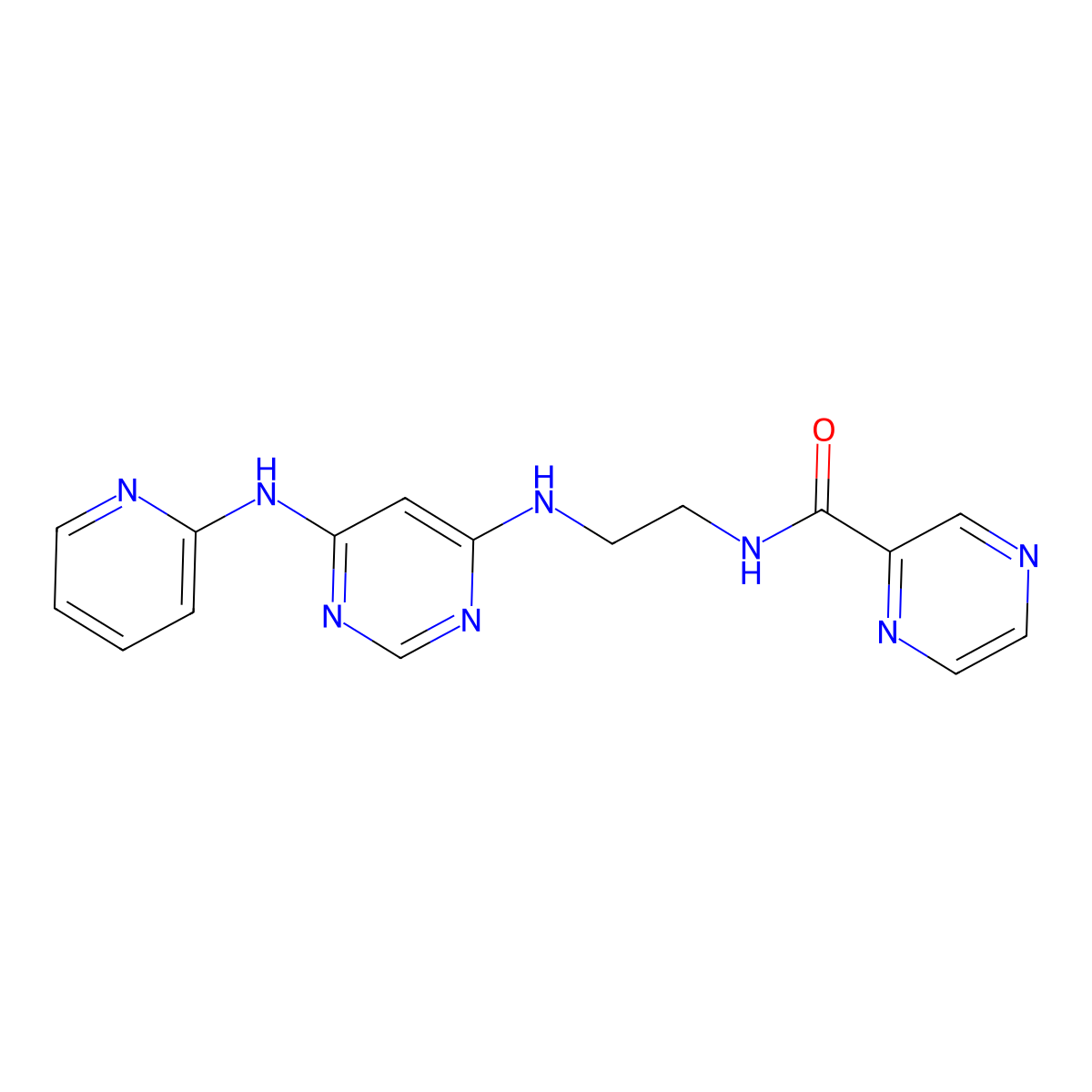 N-(2-((6-(pyridin-2-ylamino)pyrimidin-4-yl)amino)ethyl)pyrazine-2-carboxamide molecular structure, CAS 1396625-35-6