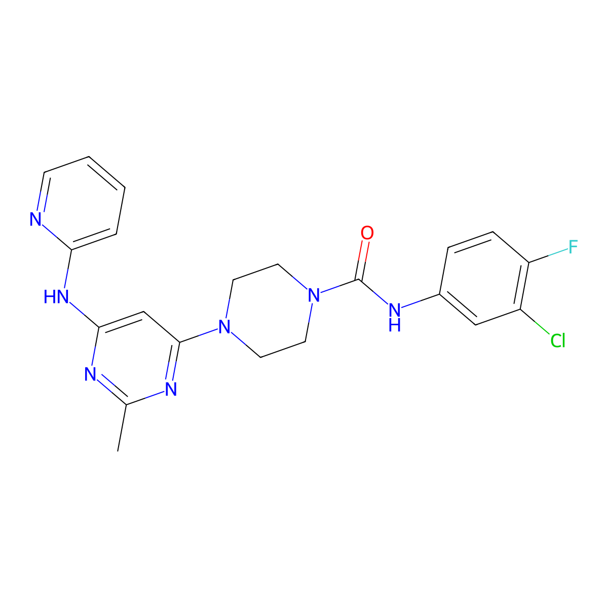 N-(3-chloro-4-fluorophenyl)-4-(2-methyl-6-(pyridin-2-ylamino)pyrimidin-4-yl)piperazine-1-carboxamide molecular structure, CAS 1396625-90-3