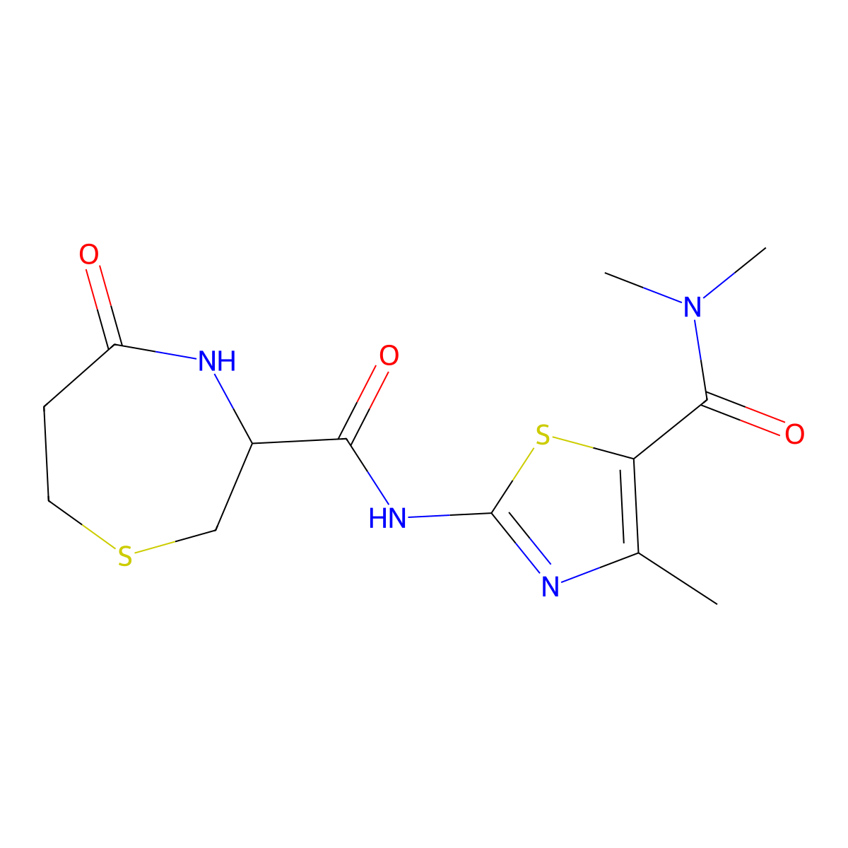 N-(5-(dimethylcarbamoyl)-4-methylthiazol-2-yl)-5-oxo-1,4-thiazepane-3-carboxamide molecular structure, CAS 1396626-14-4