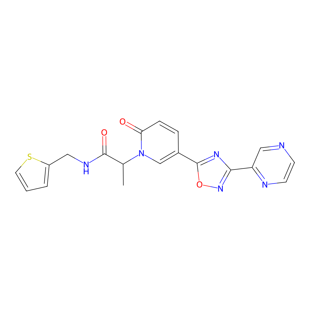 2-(2-oxo-5-(3-(pyrazin-2-yl)-1,2,4-oxadiazol-5-yl)pyridin-1(2H)-yl)-N-(thiophen-2-ylmethyl)propanamide molecular structure, CAS 1396626-15-5