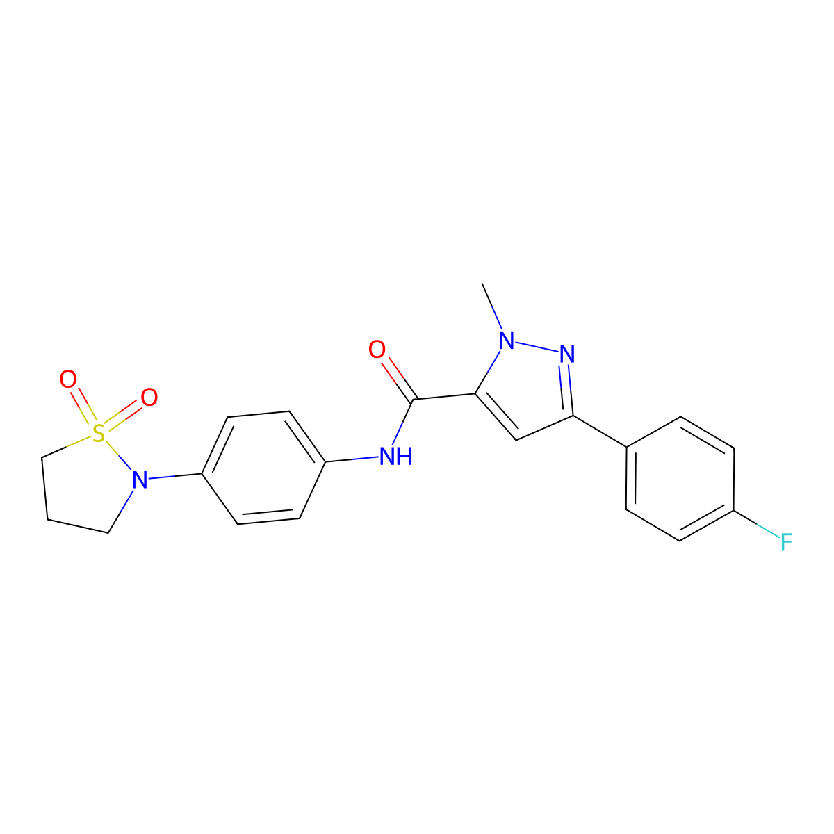 N-(4-(1,1-dioxidoisothiazolidin-2-yl)phenyl)-3-(4-fluorophenyl)-1-methyl-1H-pyrazole-5-carboxamide molecular structure, CAS 1396626-79-1