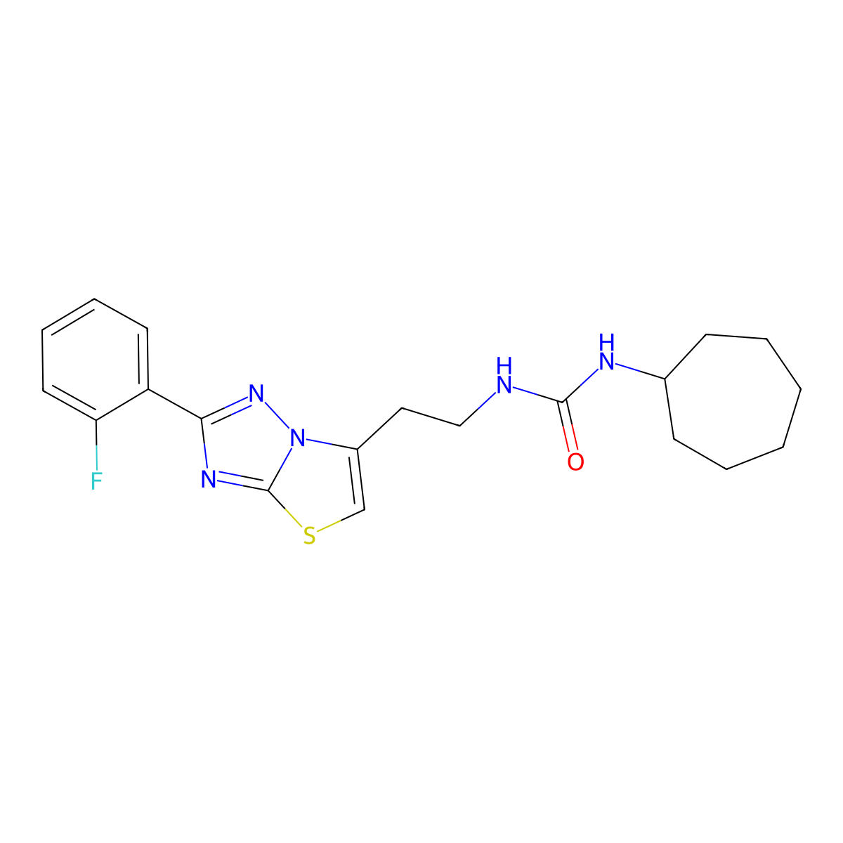 1-Cycloheptyl-3-(2-(2-(2-fluorophenyl)thiazolo[3,2-b][1,2,4]triazol-6-yl)ethyl)urea molecular structure, CAS 1396626-92-8