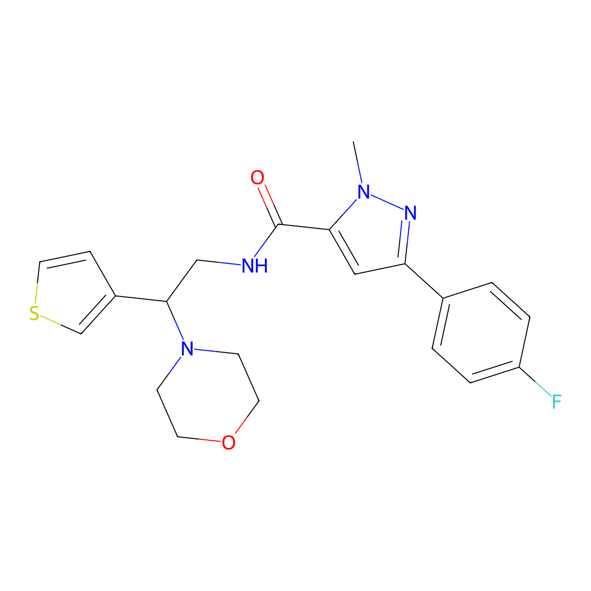 3-(4-fluorophenyl)-1-methyl-N-(2-morpholino-2-(thiophen-3-yl)ethyl)-1H-pyrazole-5-carboxamide molecular structure, CAS 1396627-15-8