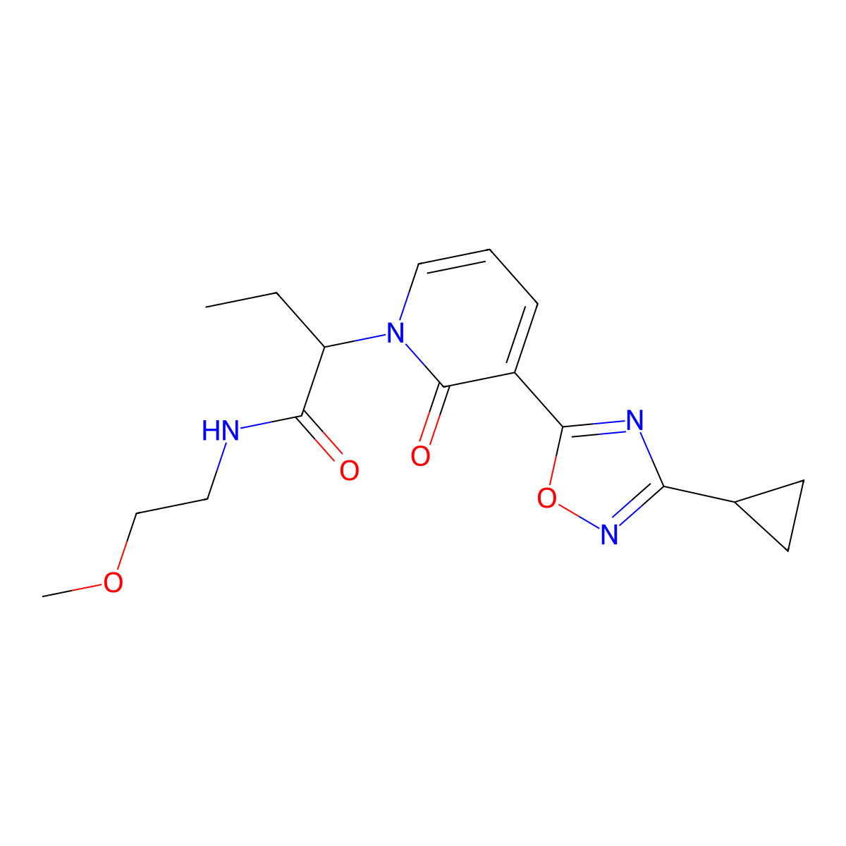 2-[3-(3-cyclopropyl-1,2,4-oxadiazol-5-yl)-2-oxopyridin-1(2H)-yl]-N-(2-methoxyethyl)butanamide molecular structure, CAS 1396627-20-5
