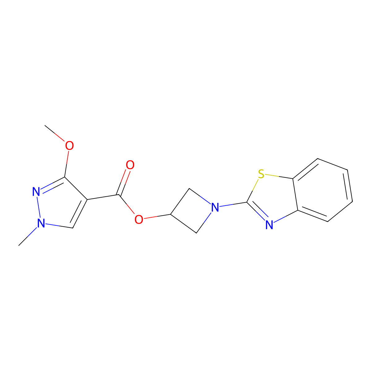 1-(benzo[d]thiazol-2-yl)azetidin-3-yl 3-methoxy-1-methyl-1H-pyrazole-4-carboxylate molecular structure, CAS 1396627-35-2