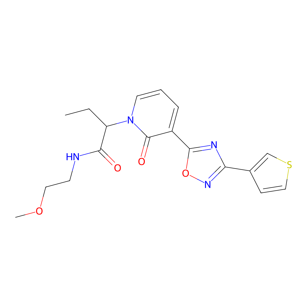N-(2-methoxyethyl)-2-(2-oxo-3-(3-(thiophen-3-yl)-1,2,4-oxadiazol-5-yl)pyridin-1(2H)-yl)butanamide molecular structure, CAS 1396627-36-3
