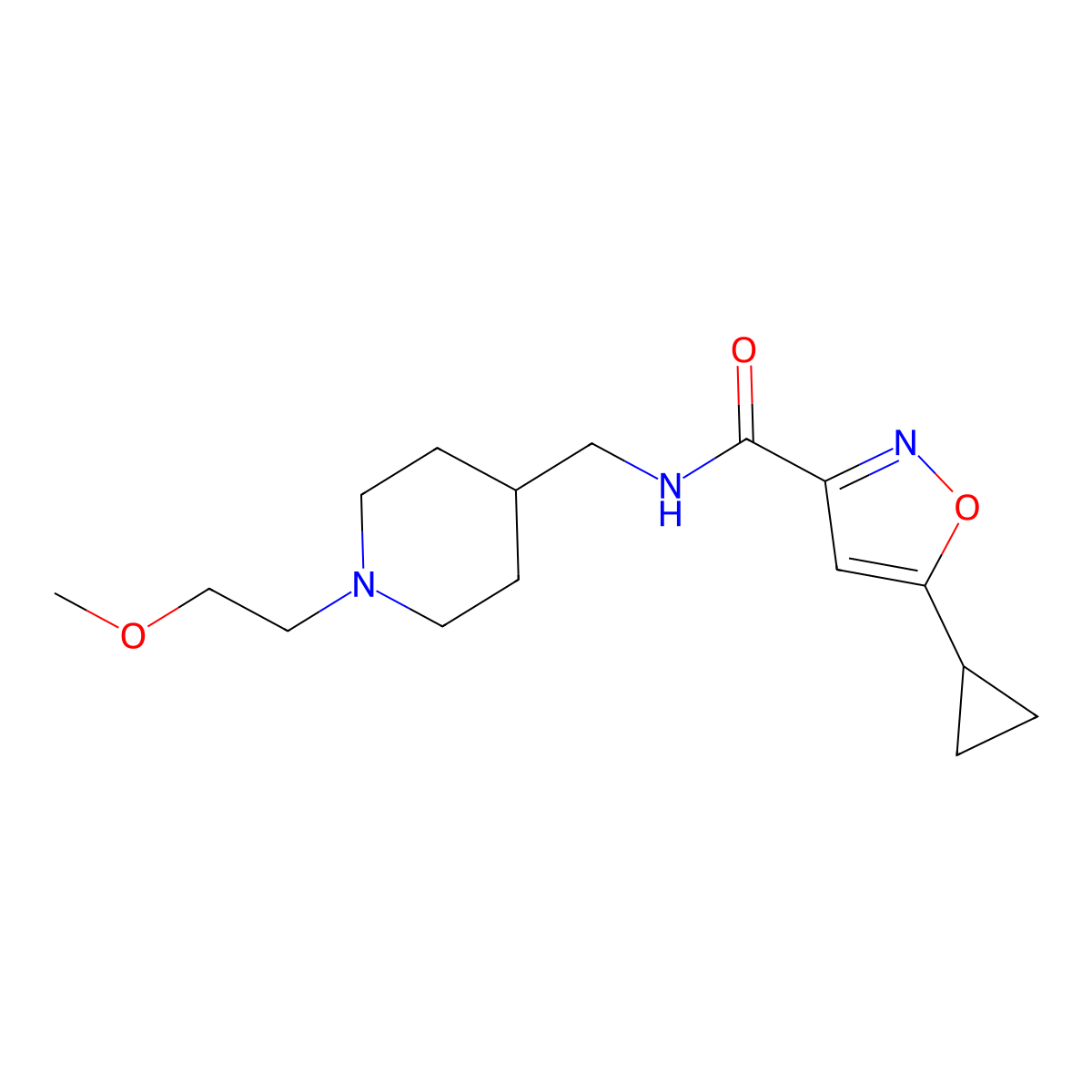 5-cyclopropyl-N-((1-(2-methoxyethyl)piperidin-4-yl)methyl)isoxazole-3-carboxamide molecular structure, CAS 1396627-43-2