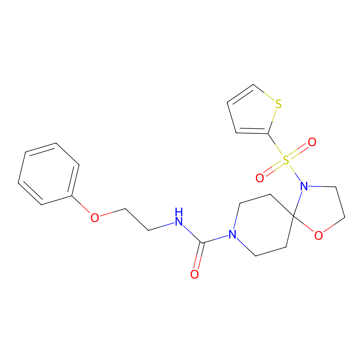 N-(2-phenoxyethyl)-4-(thiophen-2-ylsulfonyl)-1-oxa-4,8-diazaspiro[4.5]decane-8-carboxamide molecular structure, CAS 1396627-45-4