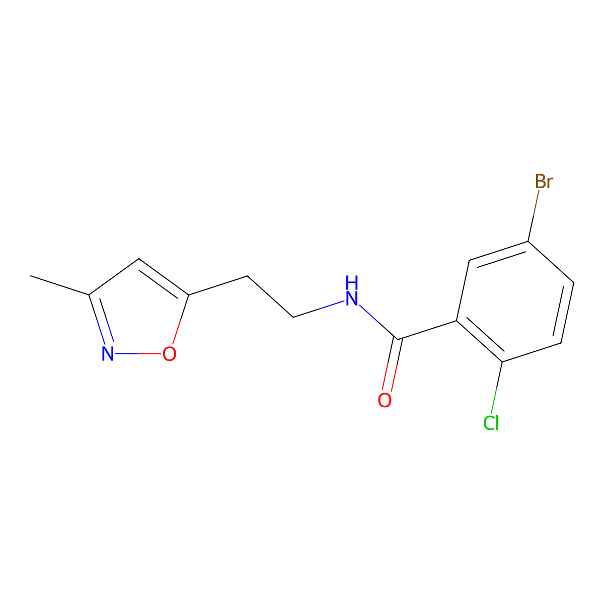 5-bromo-2-chloro-N-(2-(3-methylisoxazol-5-yl)ethyl)benzamide molecular structure, CAS 1396627-74-9