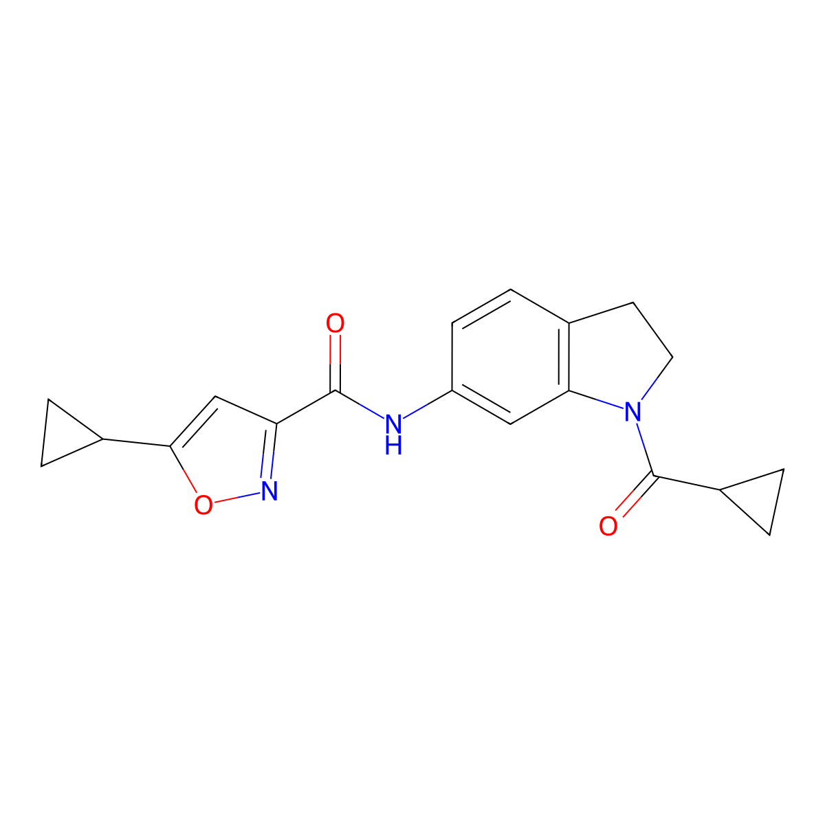 N-(1-(cyclopropanecarbonyl)indolin-6-yl)-5-cyclopropylisoxazole-3-carboxamide molecular structure, CAS 1396627-81-8