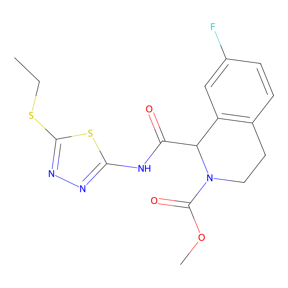 methyl 1-((5-(ethylthio)-1,3,4-thiadiazol-2-yl)carbamoyl)-7-fluoro-3,4-dihydroisoquinoline-2(1H)-carboxylate molecular structure, CAS 1396627-85-2