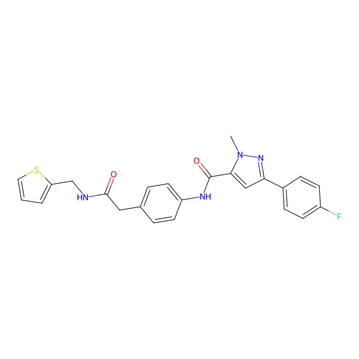 3-(4-fluorophenyl)-1-methyl-N-(4-(2-oxo-2-((thiophen-2-ylmethyl)amino)ethyl)phenyl)-1H-pyrazole-5-carboxamide molecular structure, CAS 1396627-95-4