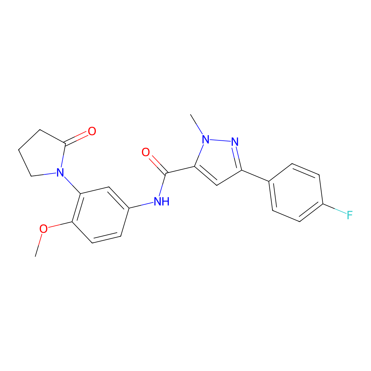 3-(4-fluorophenyl)-N-(4-methoxy-3-(2-oxopyrrolidin-1-yl)phenyl)-1-methyl-1H-pyrazole-5-carboxamide molecular structure, CAS 1396628-06-0