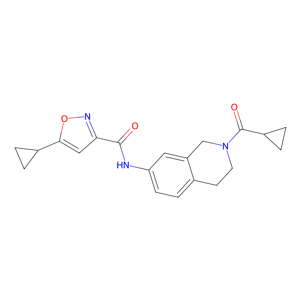 N-(2-(cyclopropanecarbonyl)-1,2,3,4-tetrahydroisoquinolin-7-yl)-5-cyclopropylisoxazole-3-carboxamide molecular structure, CAS 1396628-12-8