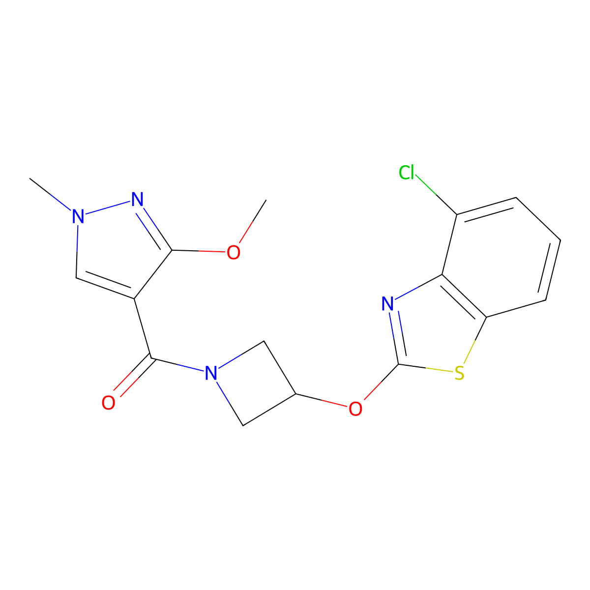 (3-((4-chlorobenzo[d]thiazol-2-yl)oxy)azetidin-1-yl)(3-methoxy-1-methyl-1H-pyrazol-4-yl)methanone molecular structure, CAS 1396628-25-3