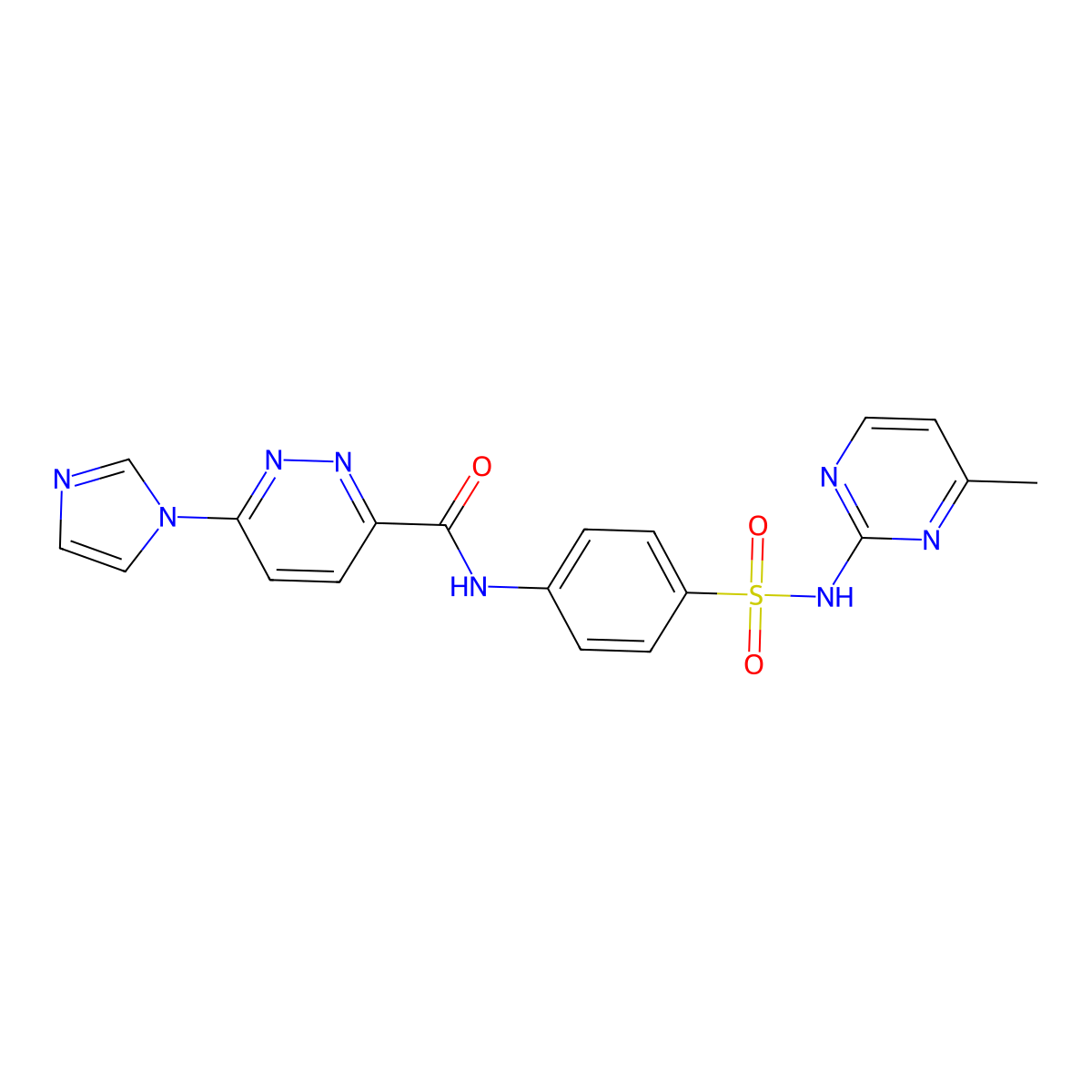 6-(1H-imidazol-1-yl)-N-(4-(N-(4-methylpyrimidin-2-yl)sulfamoyl)phenyl)pyridazine-3-carboxamide molecular structure, CAS 1396628-50-4