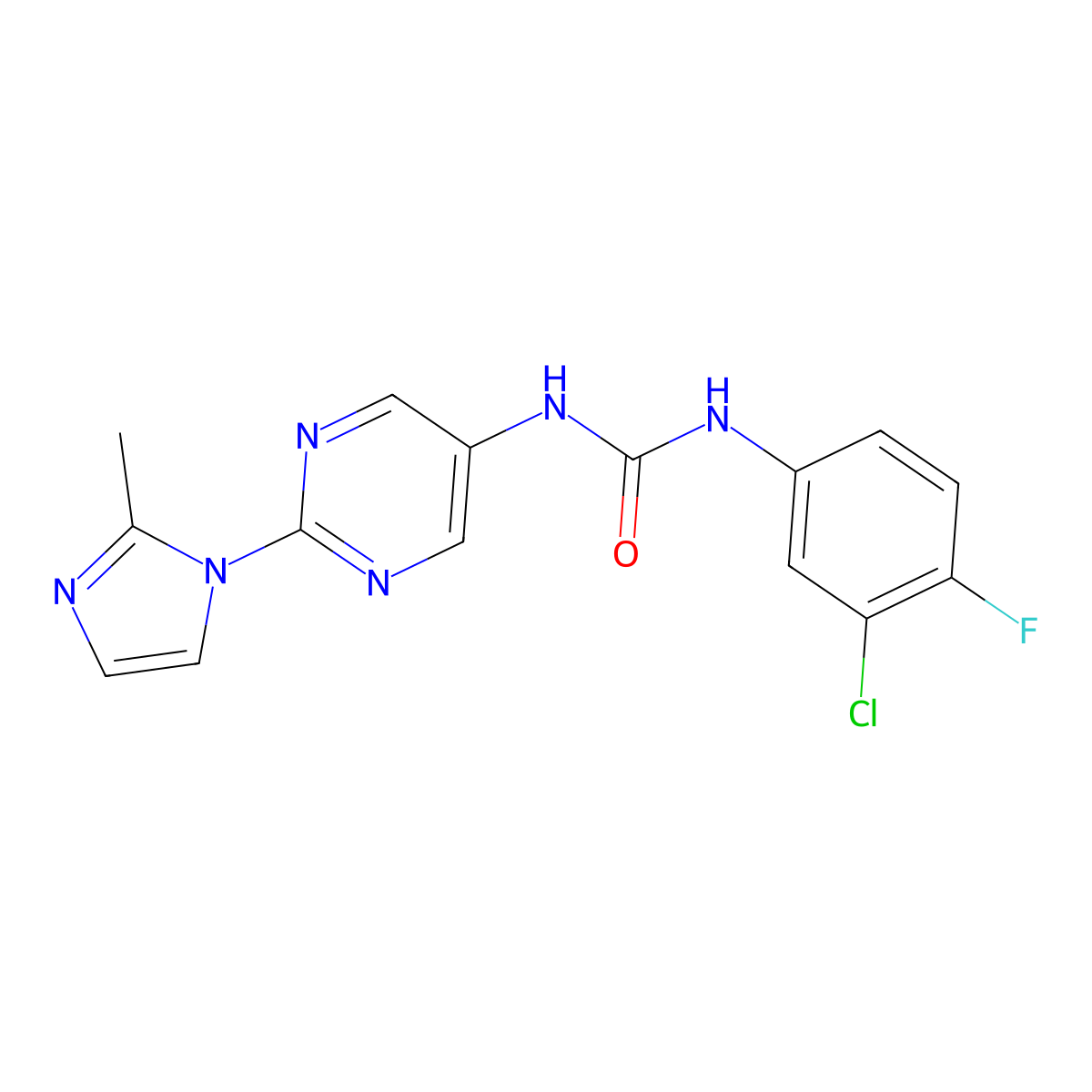 1-(3-chloro-4-fluorophenyl)-3-(2-(2-methyl-1H-imidazol-1-yl)pyrimidin-5-yl)urea molecular structure, CAS 1396628-70-8
