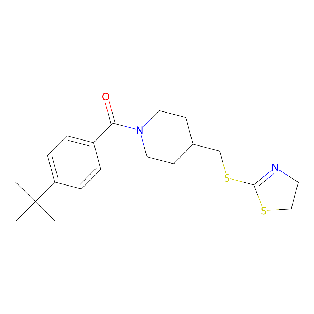(4-(Tert-butyl)phenyl)(4-(((4,5-dihydrothiazol-2-yl)thio)methyl)piperidin-1-yl)methanone molecular structure, CAS 1396628-83-3