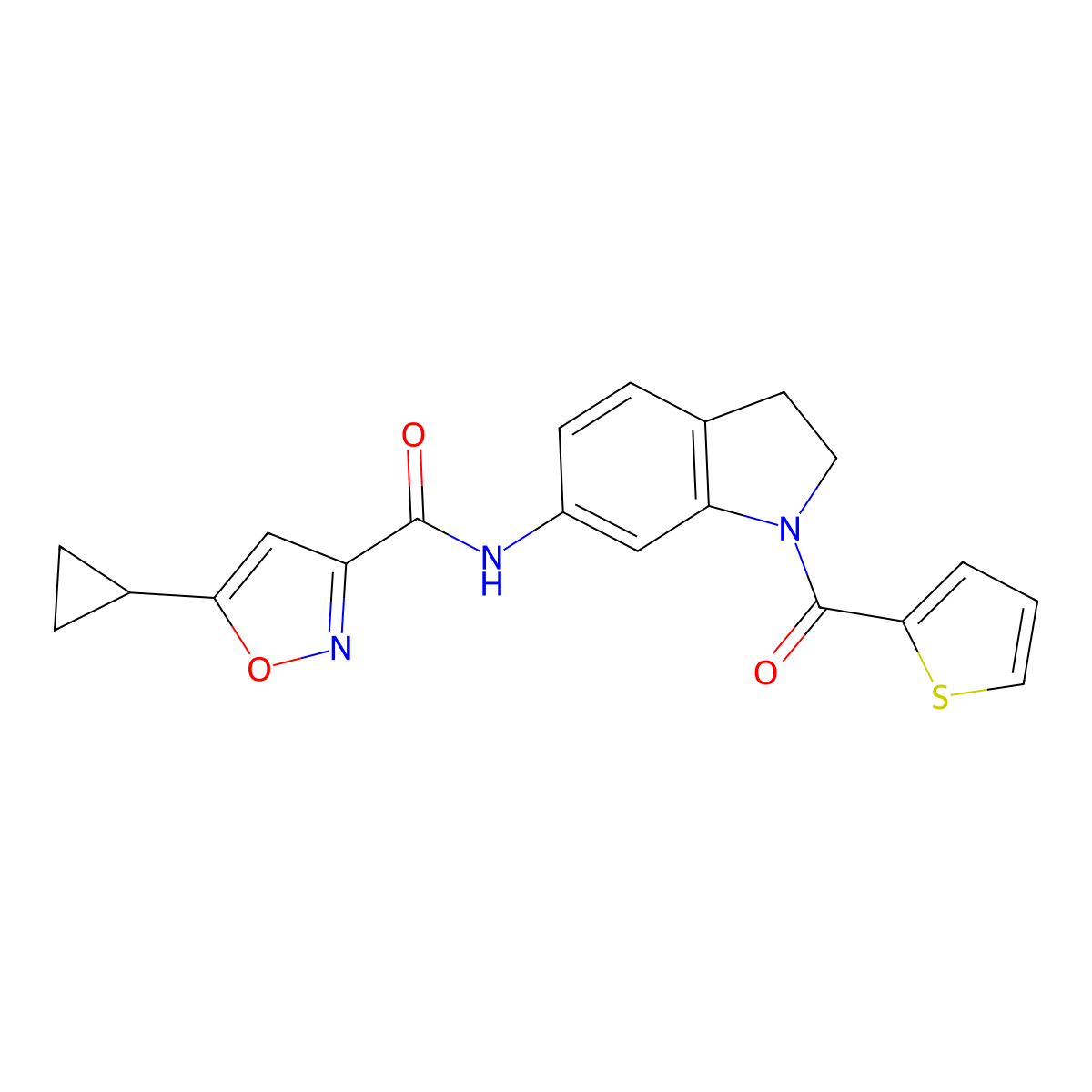 5-cyclopropyl-N-(1-(thiophene-2-carbonyl)indolin-6-yl)isoxazole-3-carboxamide molecular structure, CAS 1396629-20-1