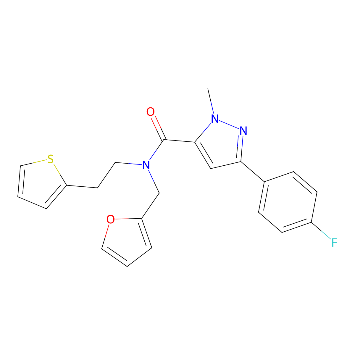 3-(4-fluorophenyl)-N-(furan-2-ylmethyl)-1-methyl-N-(2-(thiophen-2-yl)ethyl)-1H-pyrazole-5-carboxamide molecular structure, CAS 1396629-32-5