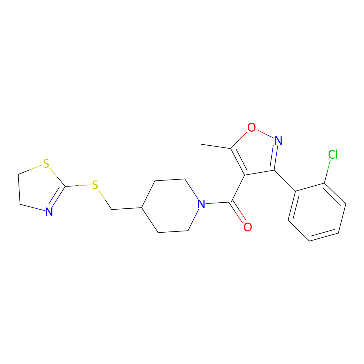 (3-(2-Chlorophenyl)-5-methylisoxazol-4-yl)(4-(((4,5-dihydrothiazol-2-yl)thio)methyl)piperidin-1-yl)methanone molecular structure, CAS 1396629-37-0