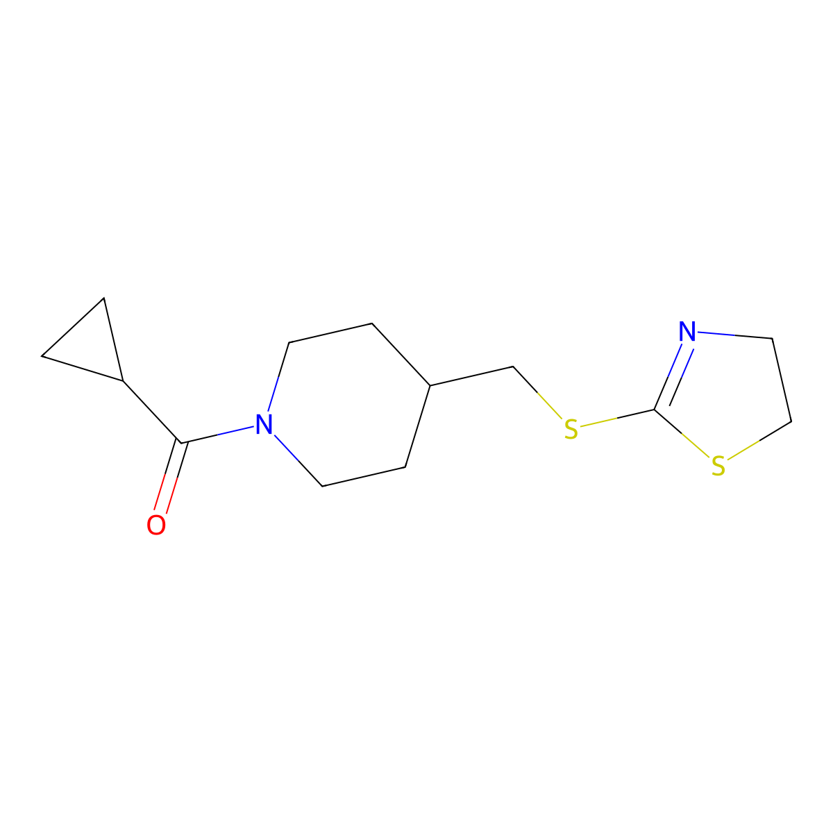 Cyclopropyl(4-(((4,5-dihydrothiazol-2-yl)thio)methyl)piperidin-1-yl)methanone molecular structure, CAS 1396629-83-6