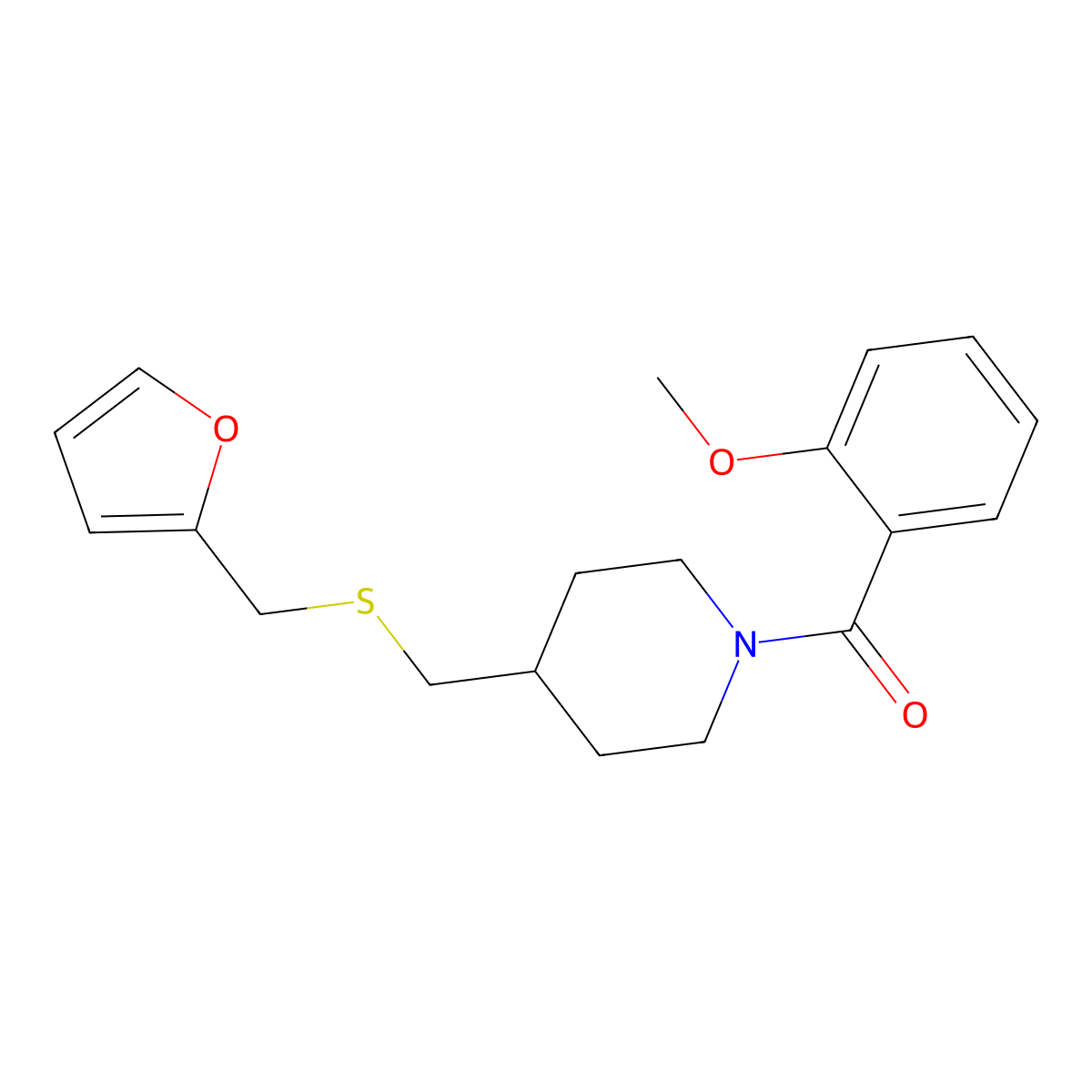 (4-(((Furan-2-ylmethyl)thio)methyl)piperidin-1-yl)(2-methoxyphenyl)methanone molecular structure, CAS 1396629-95-0